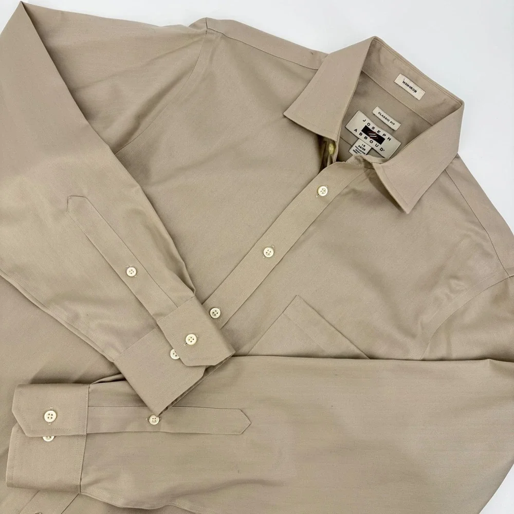 Joseph Abboud Dress Shirt Mens 15 34/35 Tan Non-Iron Cotton with Silk Tie
